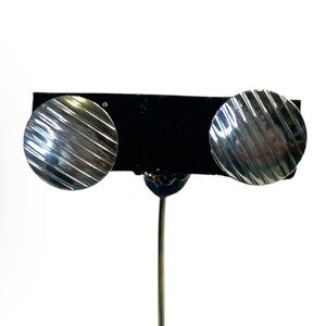 Button Earrings Round  beveled striped silver toned polished  textured